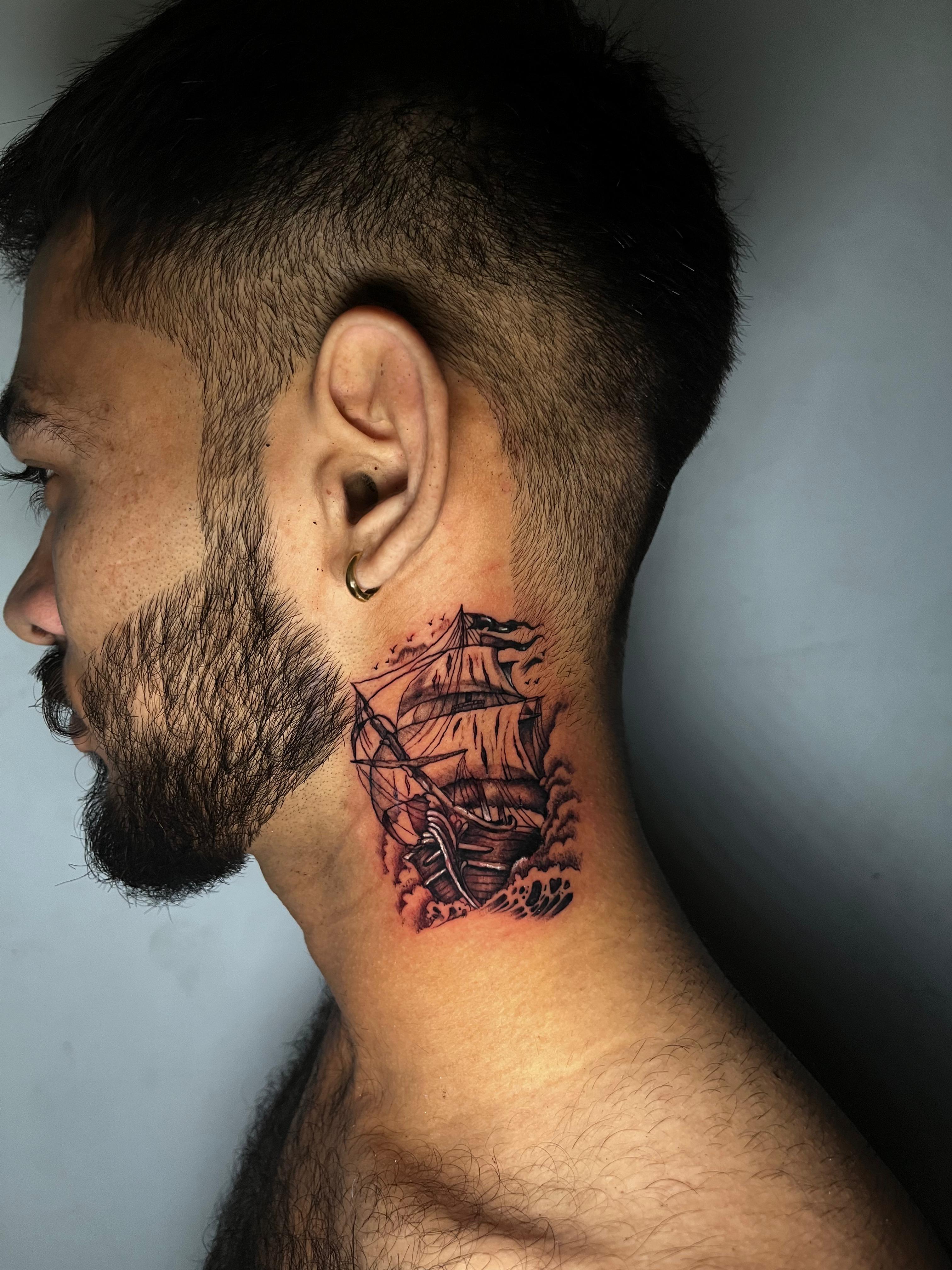 Pirate Ship Neck Tattoo